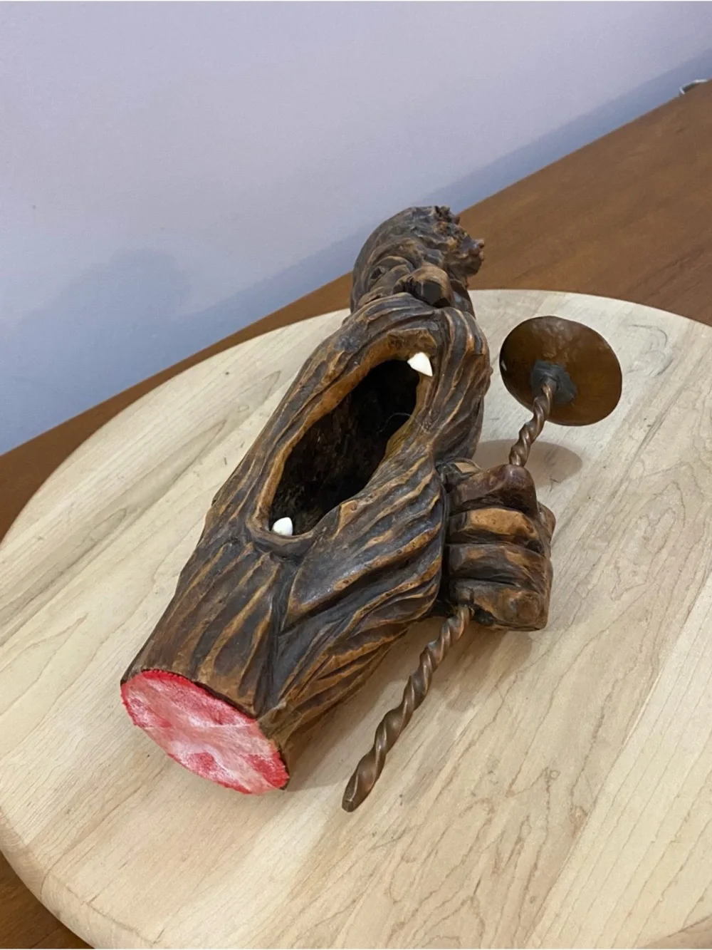 Vintage Hand Carved Wood Candle‎ Holder Spirit Wizard Face Folk Art Cottagecore